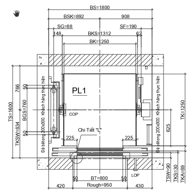 Kích thước thang máy tải trọng lớn 750-2000kg